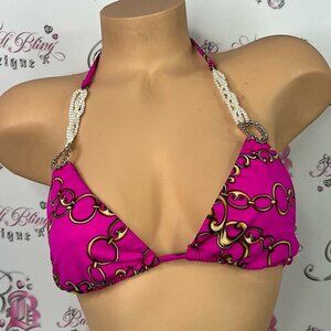 Beach Bunny bikini top pearls one of 500 rare Fuchsia and Gold Bikini Top chains